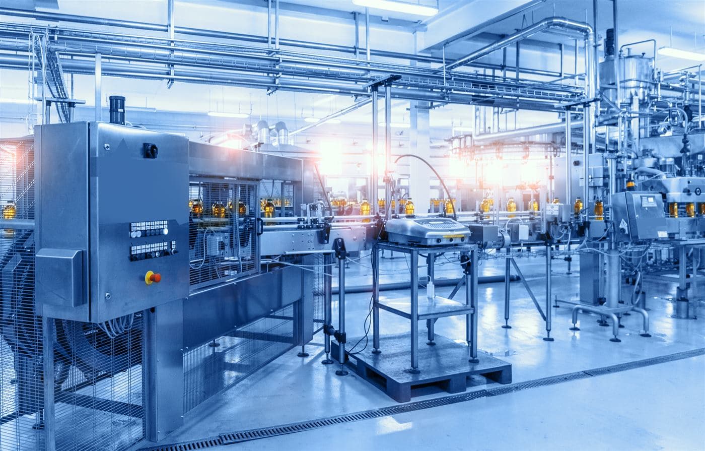 Automated beverage bottling line in a production area